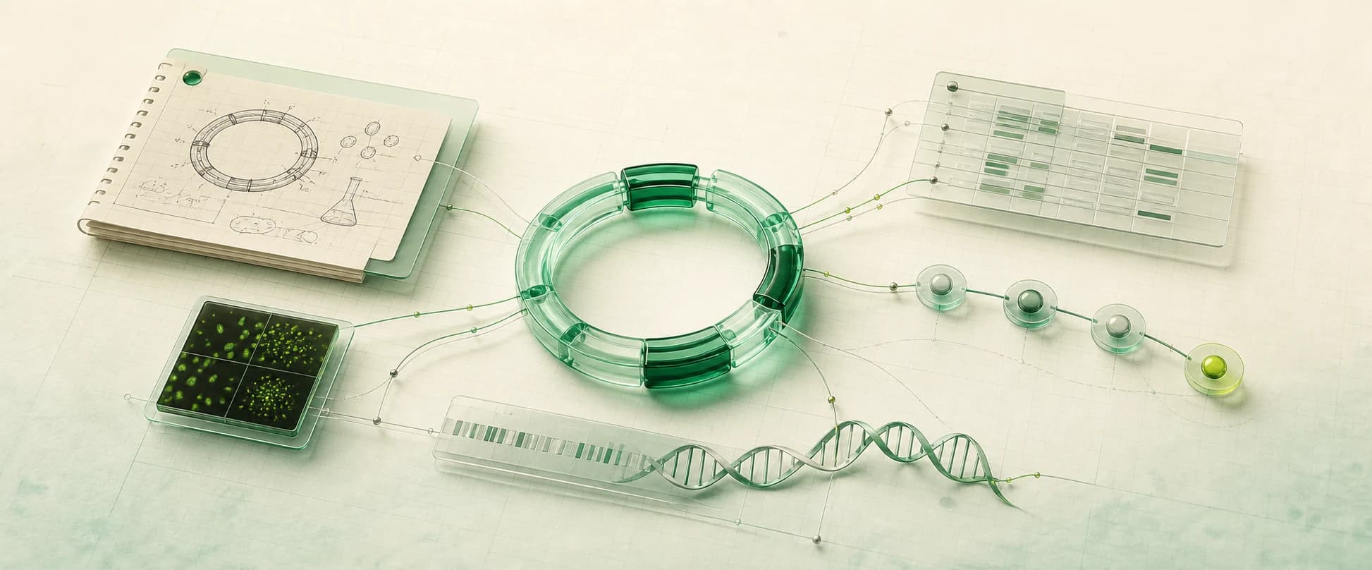 A plasmid connecting a scientific notebook, experimental image, sequence, data table, and project history.