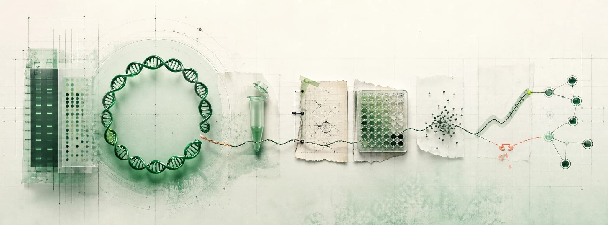A DNA sequence continuing through samples, notes, assay data, analysis, and a broken experimental-context link.
