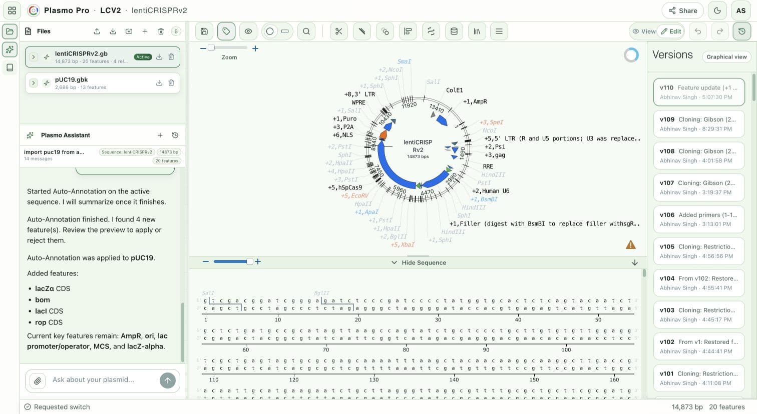 Plasmo showing an annotated plasmid, its grounded AI conversation, and a detailed history of sequence changes in one project.