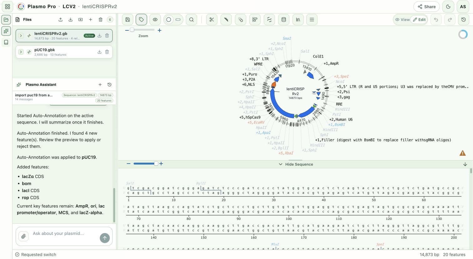 The Plasmo Assistant reporting an auto-annotation result beside the active sequence file and annotated plasmid map.