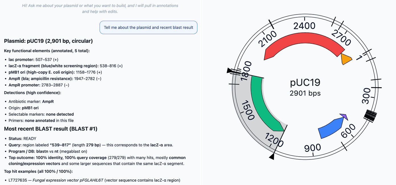 Plasmo AI assistant panel with proposed sequence edits and contextual tool calls.